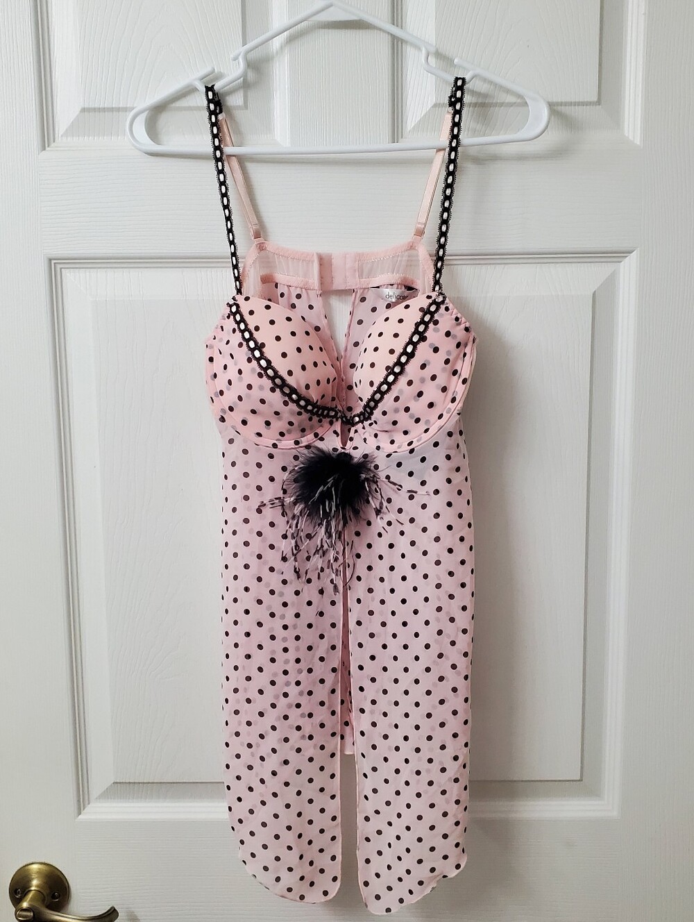 delicates Pink Polka Dot One-Piece Sexy Slip with Black Trim and Feather Accent